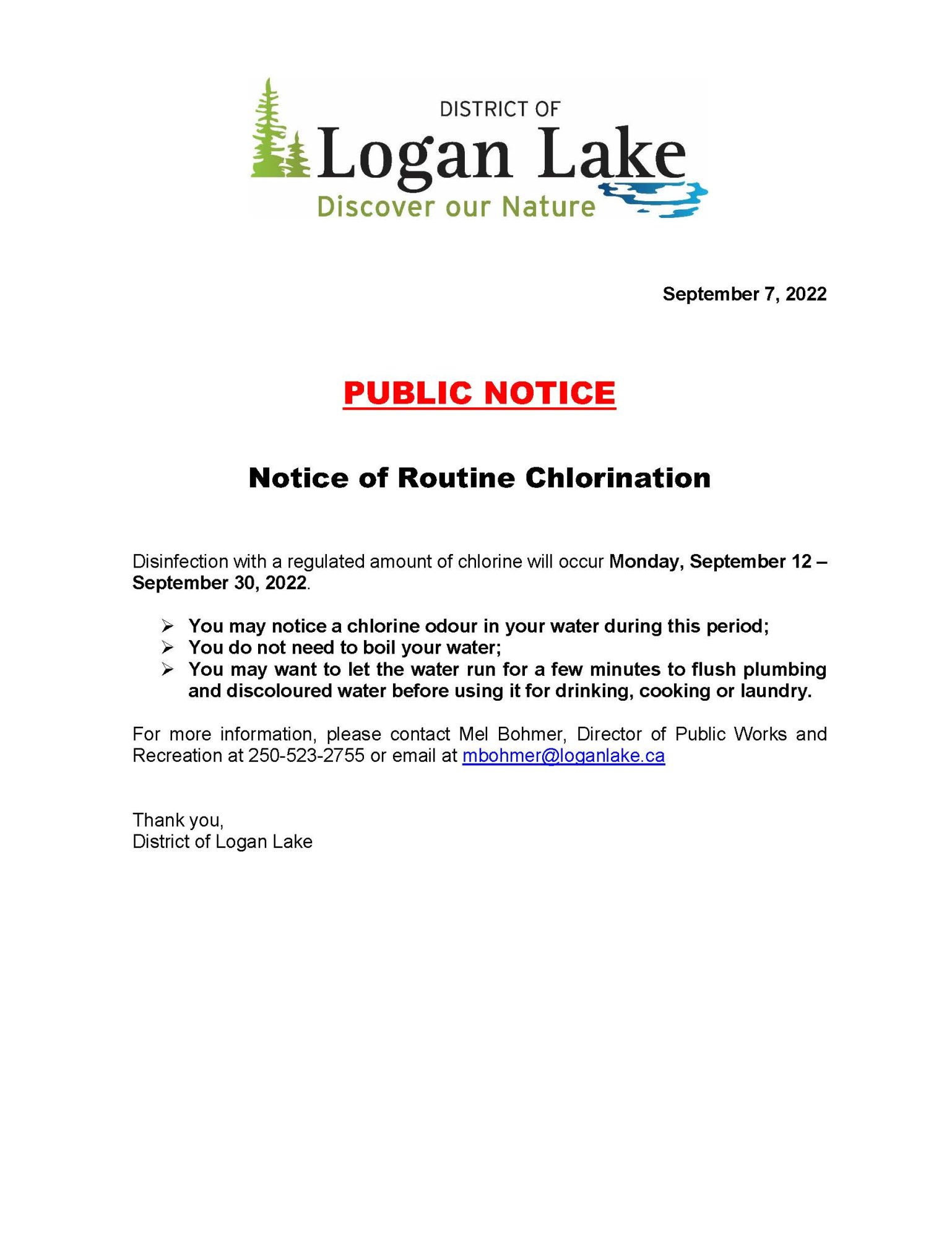 Public Notice Notice of Chlorination District of Logan Lake