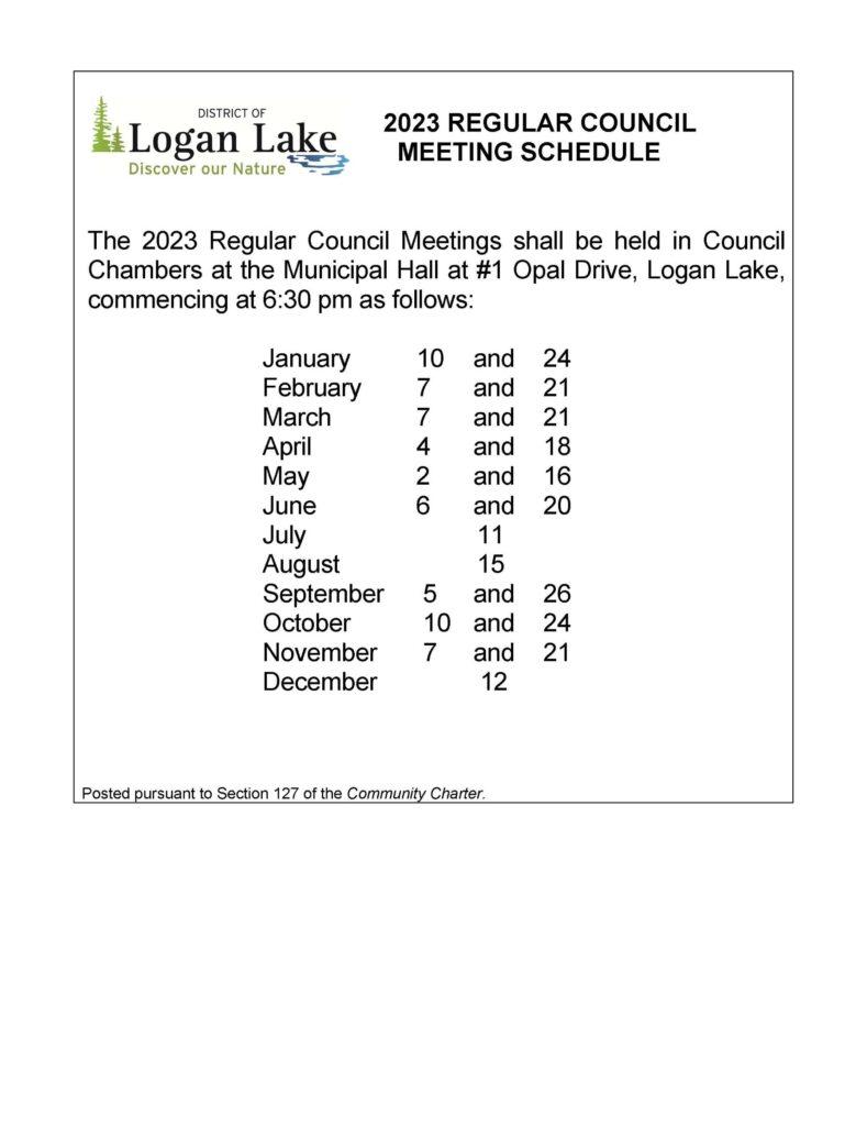 2023 Schedule Of Regular Council Meetings : District Of Logan Lake
