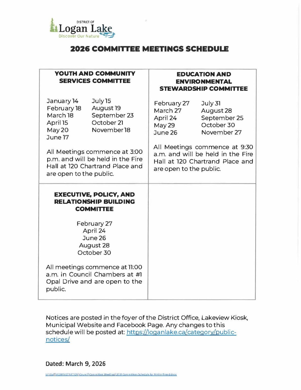 2026 Committee Meetings Schedule : District of Logan Lake